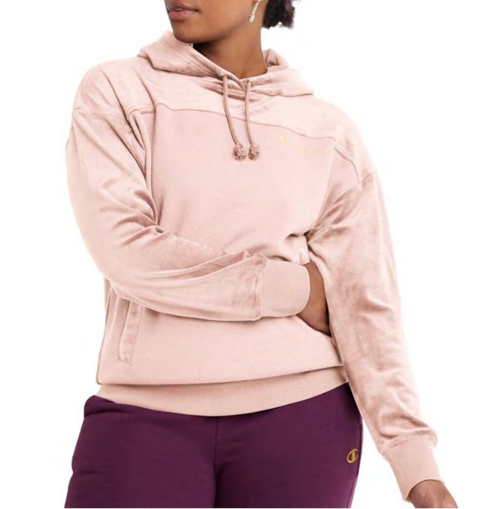 Champion Womens Solid Velour Blocked Hoodie Size XL Pink Beige New Pullover